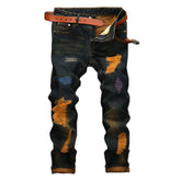 Personalized distressed straight-leg ripped jeans